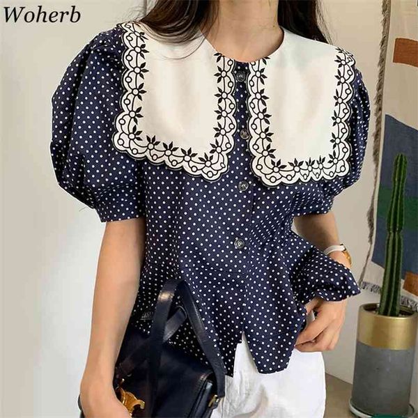 Kore Chic Blusas Vintage Polka Dot Kadın Gömlek Kontrast Renk Big Turn Aşağı Yaka Bluzlar Puf Kol Bluz Tops 210519