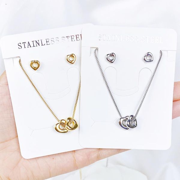 

earrings & necklace stainlesssteel set hollow heart choker necklaces for women clavicle colar statement collares dainty pendant gift, Silver