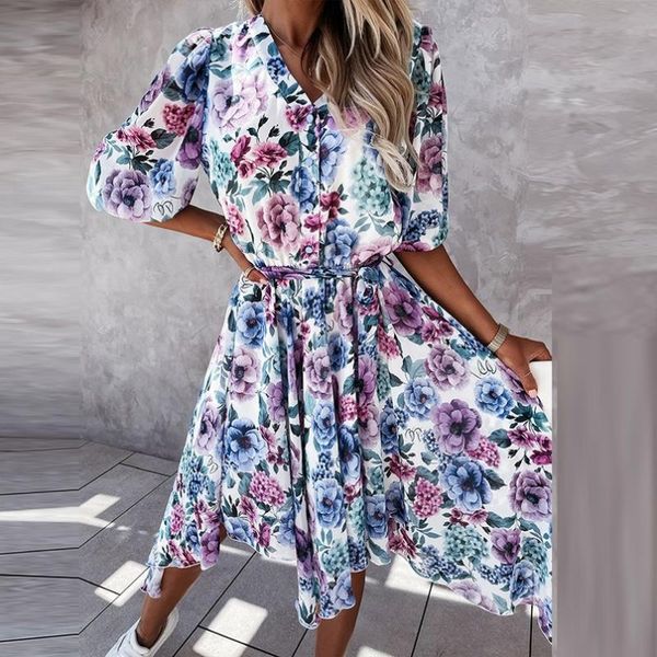 

casual dresses summer half sleeve floral print chiffon dress elegant women v-neck button midi ladies fashion irregular slim party, Black;gray