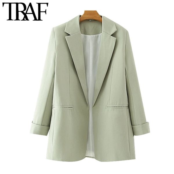 

traf women fashion office wear solid basic blazer coat vintage long sleeve pockets female outerwear chic 211006, White;black