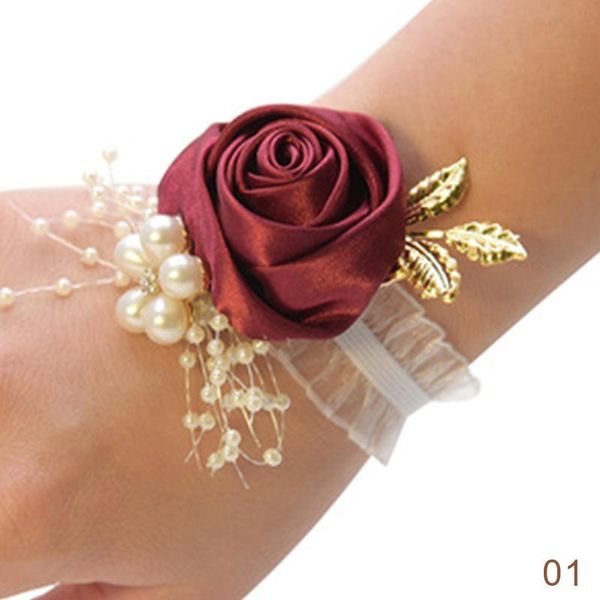 Braccialetti con ciondoli Moda Bracciale da damigella d'onore Corpetto nuziale Nastro in poliestere Fiori rosa Fiocco di perle Regali da sposa Polso