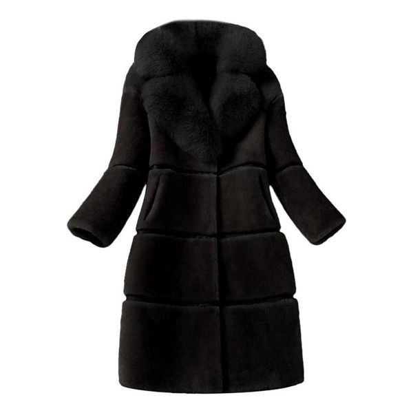

women's fur & faux 2021 women coat warm autumn winter long coats sleeve velvet plus size outwear ladies oversized elegant overcoat, Black