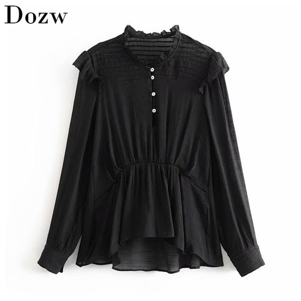 

solid linen blouse women spring autumn long sleeve ruffles shirts irregular hem elegant ladies pleated blusas 210515, White
