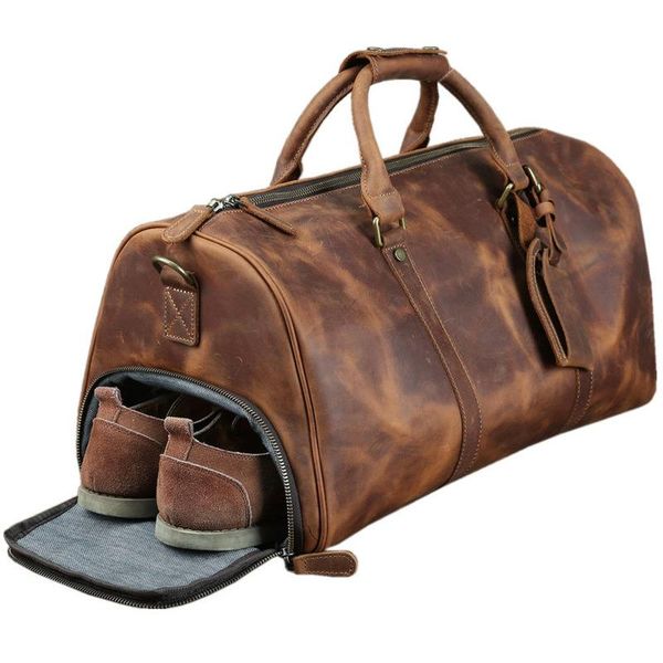 

duffel bags vintage crazy horse leather travel with shoe pocket 50 cm big capacity real weekend luggage bag large messenger