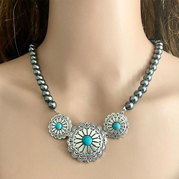 

pendant necklaces western concho pumpkin flower pearl necklace party statement quality trendy display for women, Silver