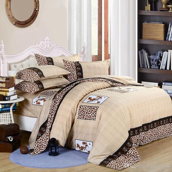 Moda Basit Kahverengi Ton Desen Yatak Setleri Kapak Leopar Baskı Nevresim Yorgan Kapak Yastık Kılıfı Çarşaf Seti Yatak Örtüsü Dekor