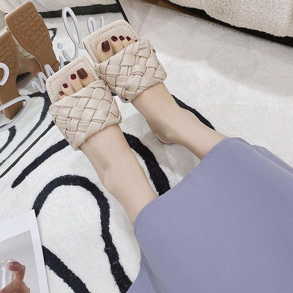 

slippers woman flat summer weaving candy color square toe female footwear fashion casual sandals for 2021 comfortable, Black