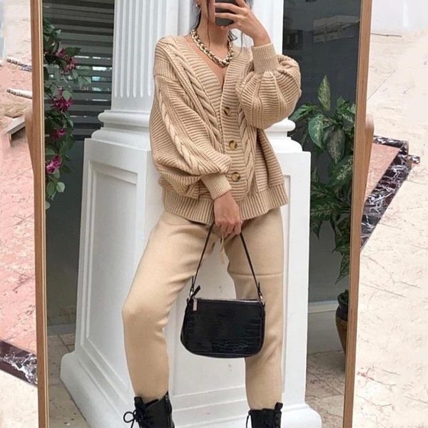 

women's two piece pants knitted sweater suits women cardigans trousers set woman 2 pieces solid drawstring single breasted sets lady ou, White