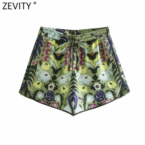 

zevity women holiday wind floral print summer shorts female chic elastic waist lace up ribbon casual pantalone cortos p1149 210621, White;black