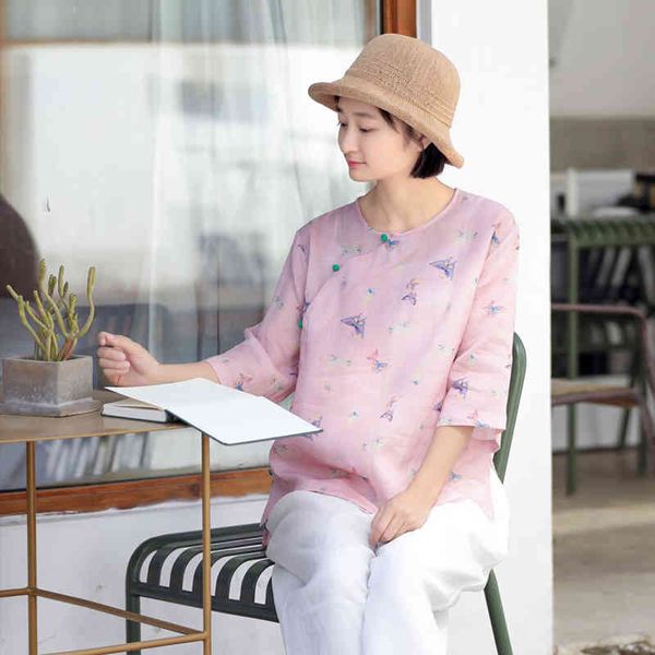 

johnature summer o-neck plate buckle fashion print shirt loose retro all-match three quarter sleeve women 210521, White