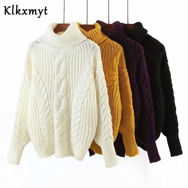 Klkxmyt za mulheres moda grossa agulha mohair tricotada camisola de turtleneck vintage manga longa fêmea fêmea chique tops 210527