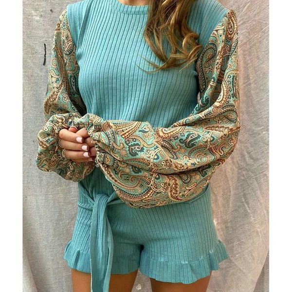 

women's tracksuits 2021 summer women round neck slim printed lantern sleeve strap lotus leaf shorts two-piece set woman clothing sets s, Gray