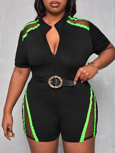 

sxy plus mesh insert contrast panel unitard romper without belt m85p#, Black