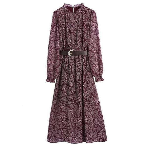 

casual dresses women 2022 fashion with belted flower print slim midi dress vestidos retro long sleeve stand-up collar streetwear, Black;gray