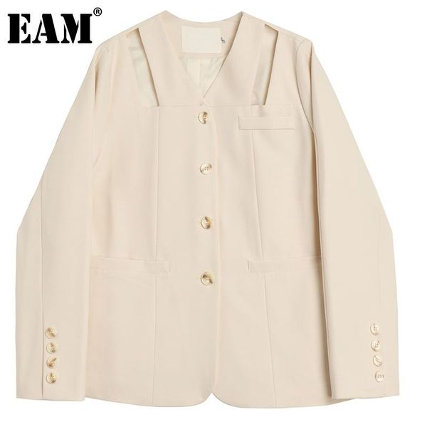

women's suits & blazers [eam] women beige hollow out casual blazer v-collar long sleeve loose fit jacket fashion tide spring autumn 202, White;black