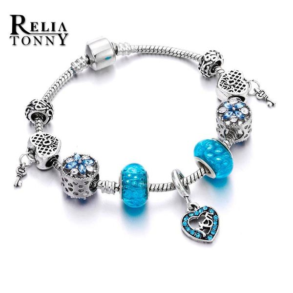 

link, chain love mom heart silver charm women bracelets blue pink murano beads original bracelet & bangles fashion jewelry gifts for mother, Black