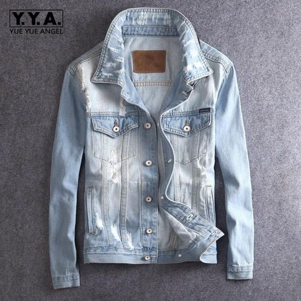 

men's jackets autumn winter mens vintage hole ripped korean denim slim fit light blue single breasted plus size casual cowboy coats, Black;brown