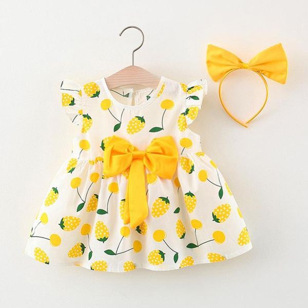 

girl's dresses 2pcs/set girls dress+ headband kids dress for ruched strawberry summer headwear princess sundress, Red;yellow