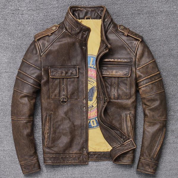 

men's leather & faux lear jackets male head layer cowhide winter man jacket of locomotive, Black