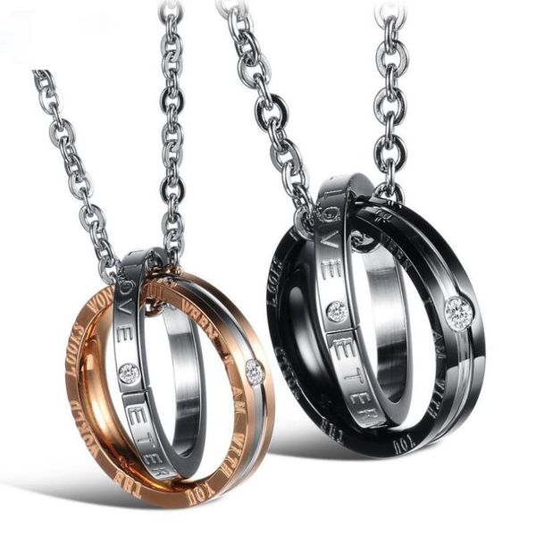 

fashion couples rings necklace for women men stainless steel band ring pendant necklaces wedding promise engagement, Silver