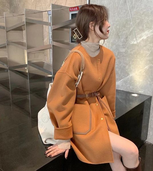

women's wool & blends 2021 double-sided cashmere overcoat loose round neck lace up fashion in stock, Black