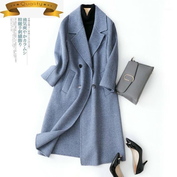 

double breasted wool 2021 coat women blue long female jacket elegant spring autumn coats and jackets abrigo mujer 1018 women's & blends, Black