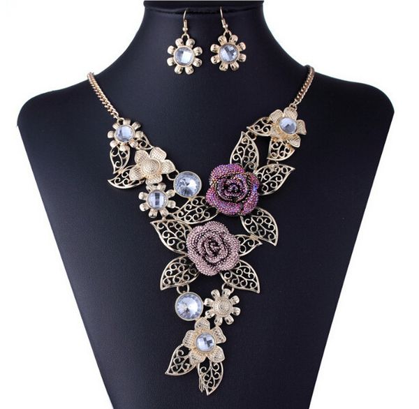 

necklace alloy flower hollow necklace earrings set jewelry, Black