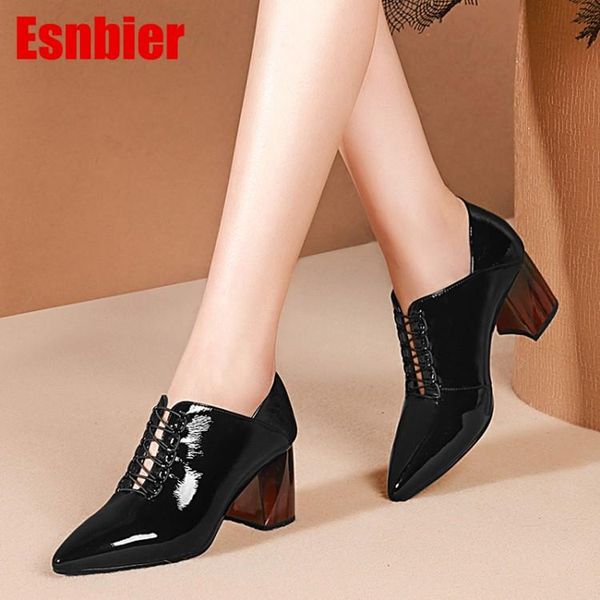 

women pumps autumn spring cow leather square heel black color pointed toe high heels lady shoes party size 34-42 dress