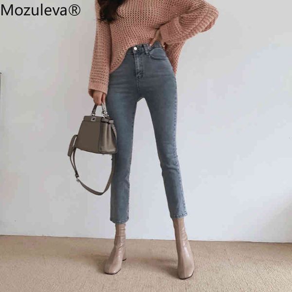 

spring waist jeans women show high ankle-length pants button fly woman ripped for 210427, Blue
