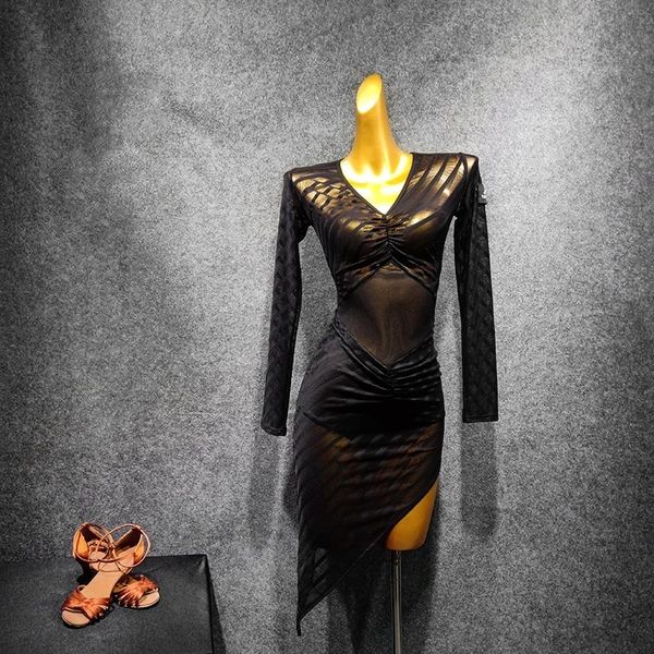 

casual dresses long sleeve dance practice dress perspective ballroom clothing women irregular black dancewear competition costumes, Black;gray