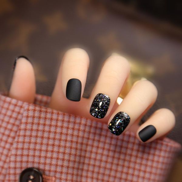 

false nails black short fake with glue for women frosted dark night starry sky potherapy acrylic artificial nail patch, Red;gold