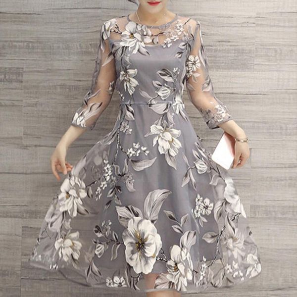 

summer o neck polyester 3 women dresses 4 sleeve floral print large swing double layer midi s2xl light gray femme, Black;gray