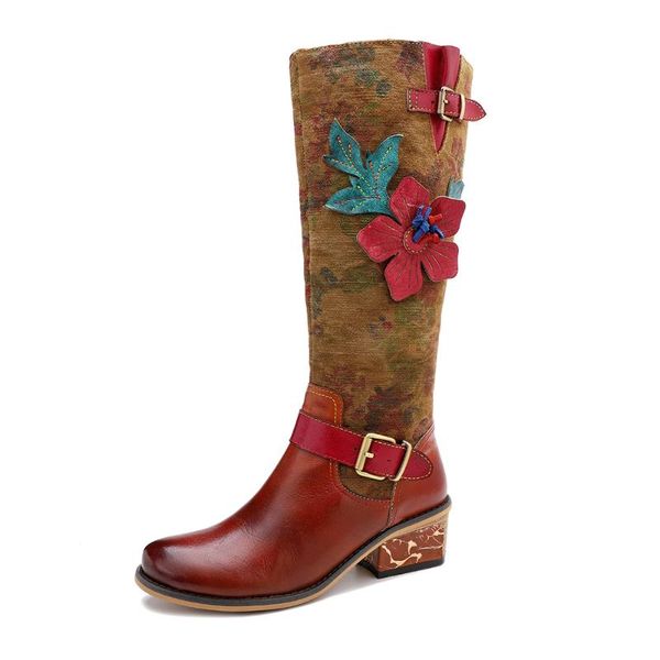 

boots iliyah retro handmade flowers buckle botas mujer genuine leather splicing brown low heels knee elegant women winter, Black