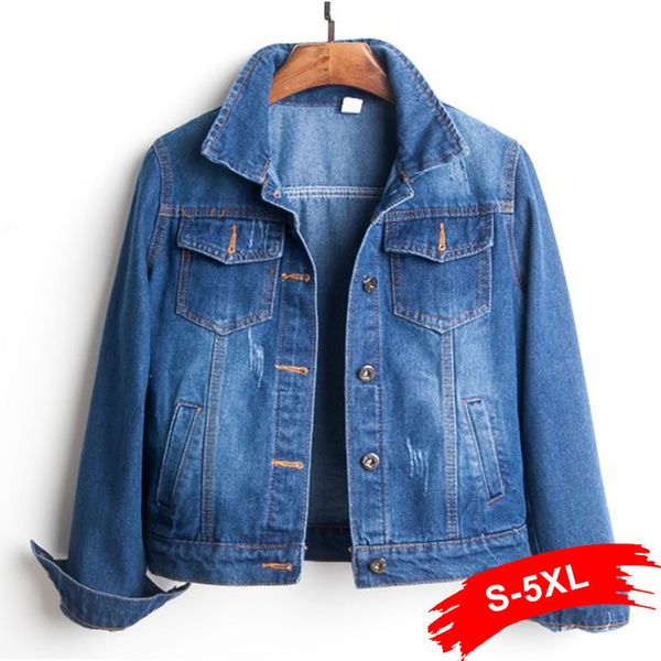 

women's plus size ripped hole cropped jean jacket 4xl 5xl light blue bomber short denim jackets jaqueta long sleeve casual jeans coat, Black;brown