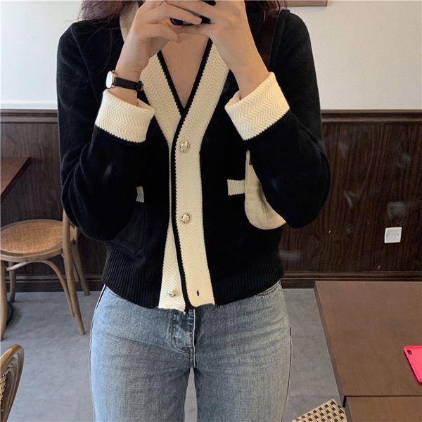 

elegance slim slender v-neck patchwork high waist cardigans chic all match gentle women brief sweaters 210421, White;black
