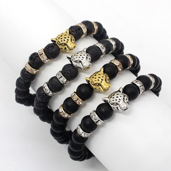 

kimter 8mm lava matted stone beads bracelets gold silver leopard head essential oil perfume diffuser bangle yoga jewelry q78fz, Golden;silver