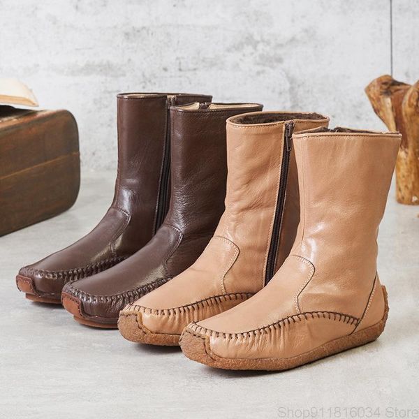 

boots platis leather women's autumn and winter korean slope heel comfortable versatile plush warm boot head, Black