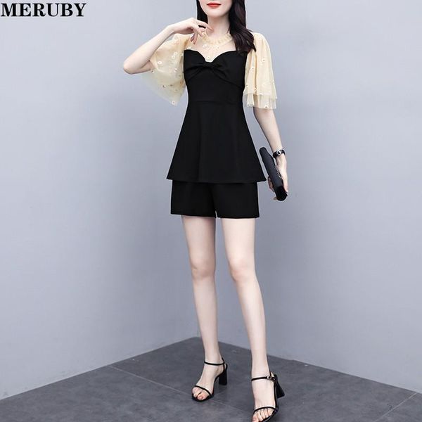 

women's tracksuits summer elegant two piece set for women fashion mesh patchwork shorts suit plus size tunic + elastic waist outfits, Gray