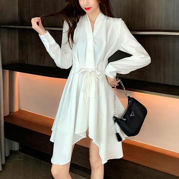 

casual dresses elegant designer dress women irregular bandage office lady long sleeve v-neck solid korean y2k fall 2021, Black;gray