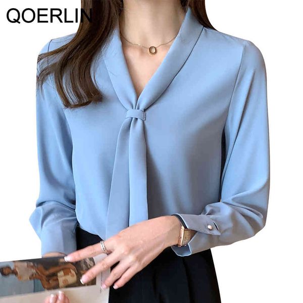 

qoerlin ol style bow neck blouse spring blouse women's white chiffon shirt office v-neck shirt long sleeve shirt plus size 210416