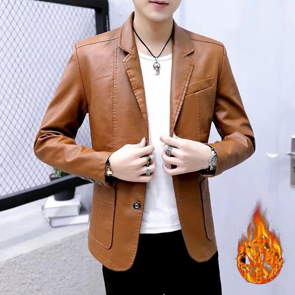 

men's suits & blazers autumn winter leather blazer coat men fleece warm slim masculino plus size mens pu business casual, White;black