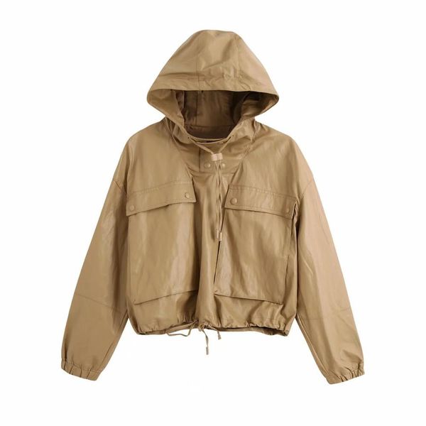

women jacket faux leather short water-repellent high collar hoodie coat fashion outerwear manteau veste femme 210420, Black;brown