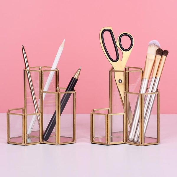 

bathroom storage & organization gold cuprum makeup organizer hexagonal assembly glass brush canister creative home multi-function desktop
