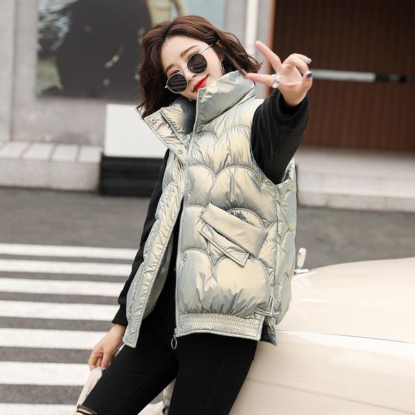 

women's vests sleeveless jacket solid quilted stand collar ladies casual winter pockets thick vest zipper waistcoat for female, Black;white
