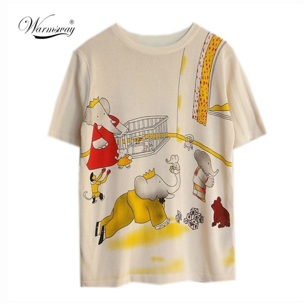 Mode-Design Frauen Kurzarm Vintage Stricken Top Frühling Sommer Cartoon Elefanten Drucken Hohe Qualität T-Shirt B-068 210330