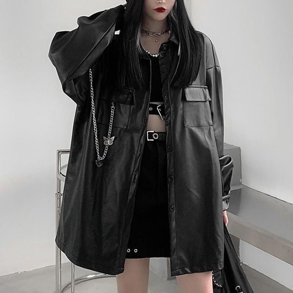 

women's jackets gothic punk leather moto jacket women fashion oversized high street korean chic casual black bf style shirt coat autumn, Black;brown