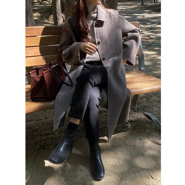 

women's wool & blends double sided pure coat loose knee casual lapel 33299, Black