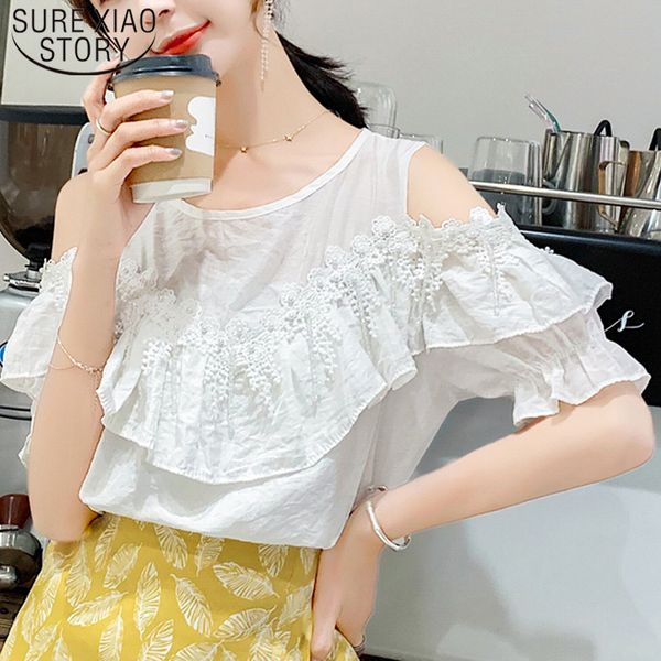 

sweet casual women blouses elegant short sleeve o-neck solid clothing fashion plus size 5089 50 210510, White
