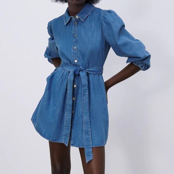 

casual dresses 2021 england high street vintage wahed denim sashes vestidos summer mini party dress lapel single breasted with belt, Black;gray