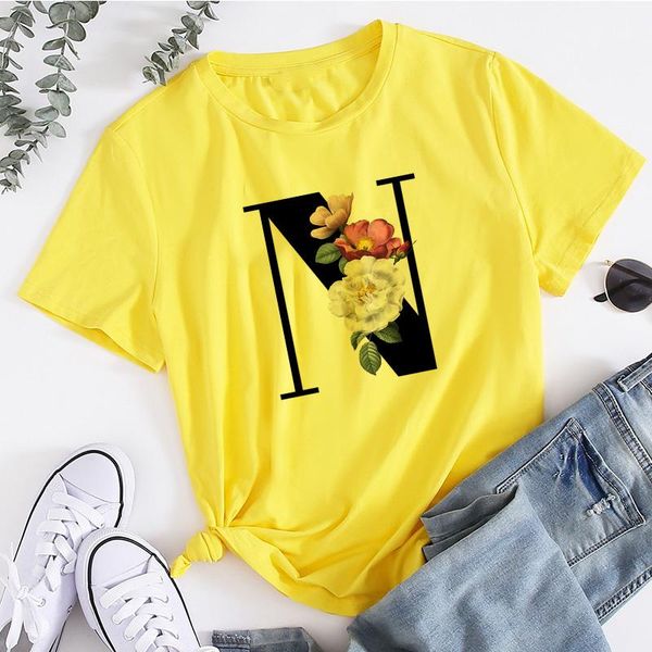 

trend 26 alphabet letter t shirt women girl a to z combination flower yellow t-shirt short sleeve casual korean tshirt women's, White